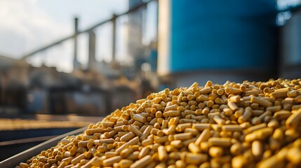 Obraz premium Close-up of a Pile of Yellow Wood Pellets in a Factory Setting