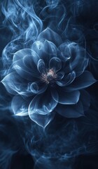 Fototapeta premium Abstract glowing flower with ethereal blue petals on a dark background, creating a mystical and serene atmosphere