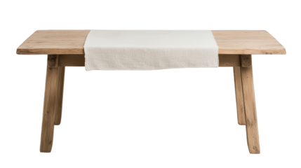 A rustic wooden table topped with a simple white table runner. Perfect for dining, kitchen decor, or as a base for a variety of tabletop settings. Isolated on transparent background, png.