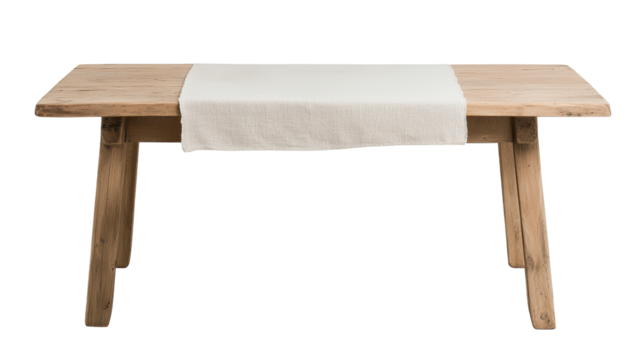 A rustic wooden table topped with a simple white table runner. Perfect for dining, kitchen decor, or as a base for a variety of tabletop settings. Isolated on transparent background, png.