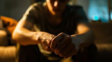 Person sitting alone, holding a small object, intently focused with a tense expression, symbolizing addictive habits and personal struggle, isolated figure in introspective moment.