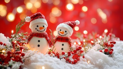 Charming snowmen and festive decorations stand out against a bright red background, with twinkling lights creating a warm and fuzzy glow.