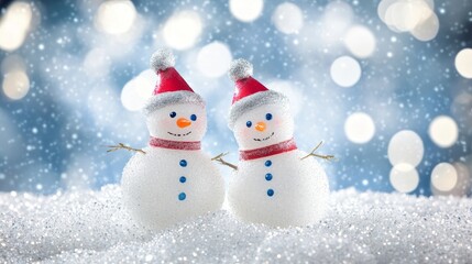 Adorable snowmen, made of fake snow, stand against a sparkly background. There's room for you to add your own message!