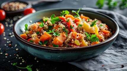 A bowl of vibrant vegetable stew with quinoa.