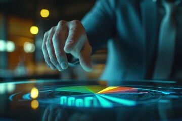 A hand interacting with a digital interface displaying colorful data visualization.
