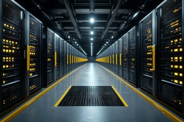 Modern server room with rows of racks representing secure data management high performance computing and advanced IT infrastructure in tech driven environments