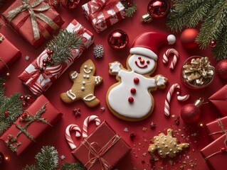 2408 78.A red Christmas-themed backdrop with an array of gingerbread cookies shaped as snowmen, stars, and Christmas trees. The cookies are paired with beautifully wrapped presents and sparkling