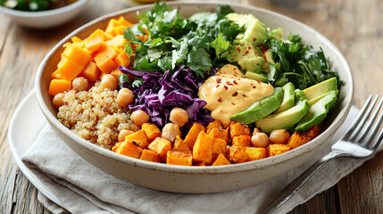 A vibrant and colorful plant-based bowl. World Vegetarian Day. Healthy eating. Fresh organic vegetables. Colorful assortment of vegetables. Vibrant salad bowl. Healthy vegan bowl. Vegan meal. Protein