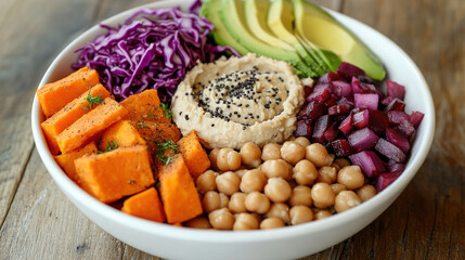 A vibrant and colorful plant-based bowl. World Vegetarian Day. Healthy eating. Fresh organic vegetables. Colorful assortment of vegetables. Vibrant salad bowl. Healthy vegan bowl. Vegan meal. Protein