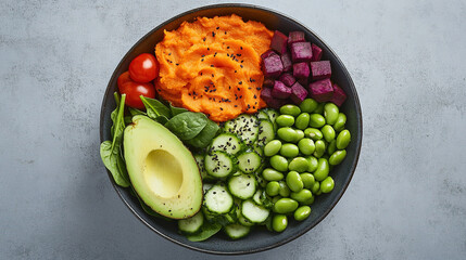 A vibrant and colorful plant-based bowl. World Vegetarian Day. Healthy eating. Fresh organic vegetables. Colorful assortment of vegetables. Vibrant salad bowl. Healthy vegan bowl. Vegan meal. Protein