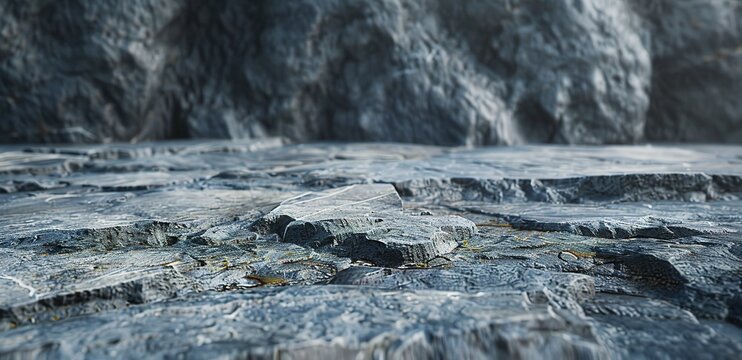 Closeup of a rocky surface with a dark gray color. The texture is rough and uneven, with a variety of shapes and sizes. The rocks are arranged in a haphazard fashion.