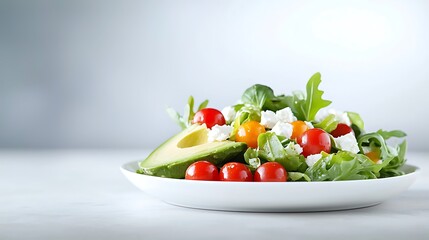 A detailed image of a fresh salad with avocado, cherry tomatoes, and feta cheese, placed on a white plate against a light background. The image is sharp with deep depth of field and room for text