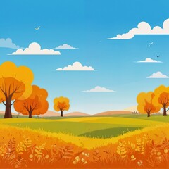Bright and colorful autumn landscape with trees, clear sky, and grassy fields, perfect for seasonal content.