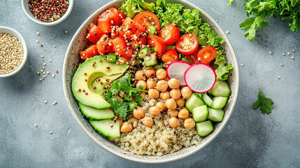 A vibrant and colorful plant-based bowl. World Vegetarian Day. Healthy eating. Fresh organic vegetables. Colorful assortment of vegetables. Vibrant salad bowl. Healthy vegan bowl. Vegan meal. Protein
