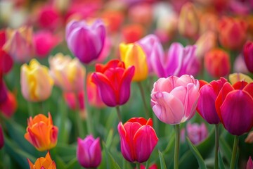 Fototapeta premium A vibrant display of colorful tulips blooming in a lush garden during springtime showcasing a beautiful variety of hues and shapes
