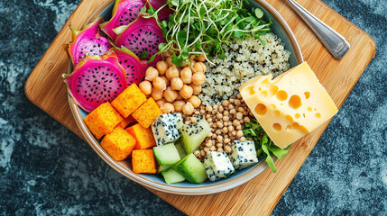 A vibrant and colorful plant-based bowl. World Vegetarian Day. Healthy eating. Fresh organic vegetables. Colorful assortment of vegetables. Vibrant salad bowl. Healthy vegan bowl. Vegan meal. Protein