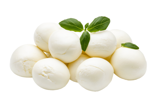 Fresh Cherry mozzarella cheese balls with green basil leaves isolated on white background. Concept of fresh dairy products and Italian cuisine