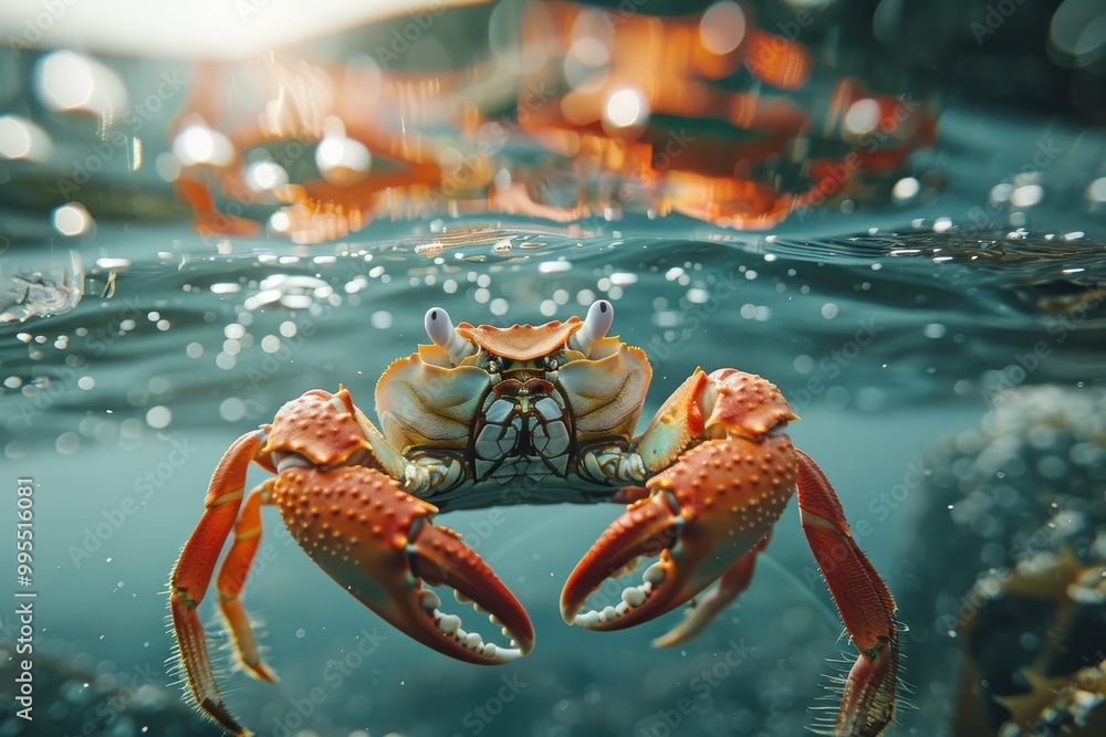 Aufkleber a crab emerges from the seaweed in a tranquil underwater setting while bubbles rise to the surface i