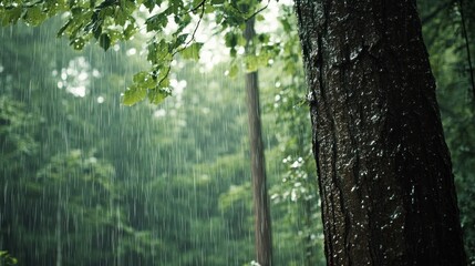 raindrops wet the trees in the forest