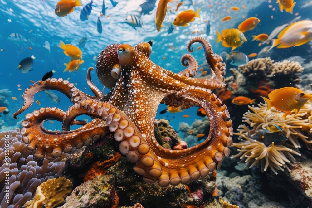 Poster a vibrant coral reef teeming with colorful fish and a curious octopus exploring its underwater habit