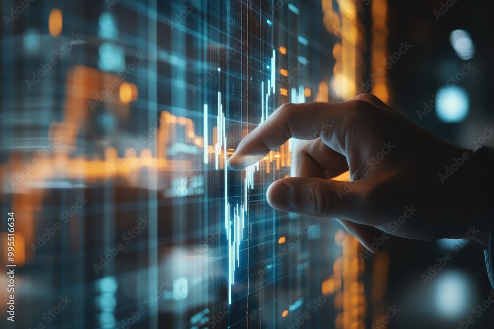 Poster a hand interacts with a digital financial graph, illustrating data analysis and technology.