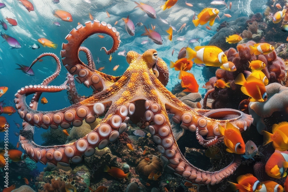 Poster a vibrant coral reef teeming with colorful fish and a curious octopus exploring its underwater habit