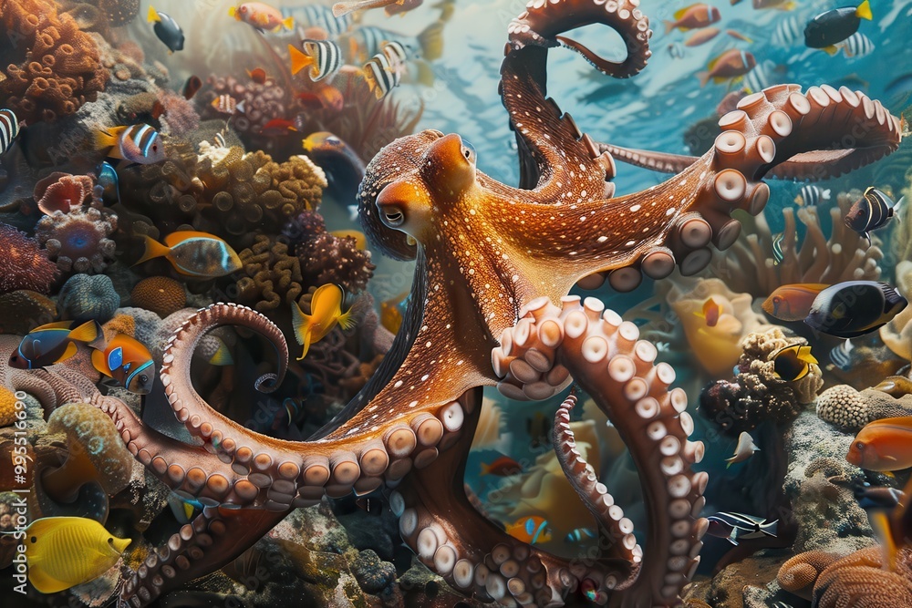 Poster a vibrant coral reef teeming with colorful fish and a curious octopus exploring its underwater habit