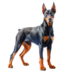 Doberman pinscher standing confidently against a transparent or white isolated background.