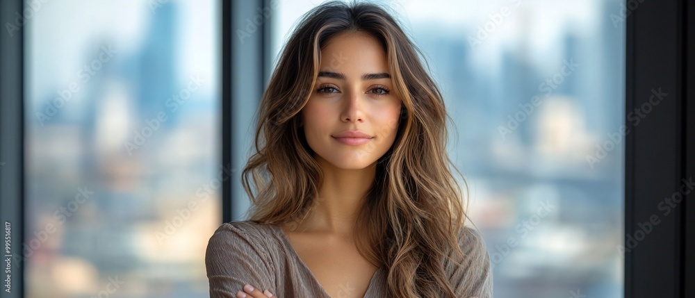 Wall mural Young woman with long brown hair smiling and looking at the camera.