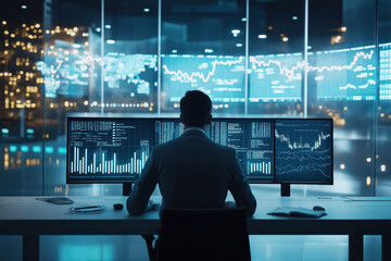 A man is sitting in front of a computer monitor with three screens