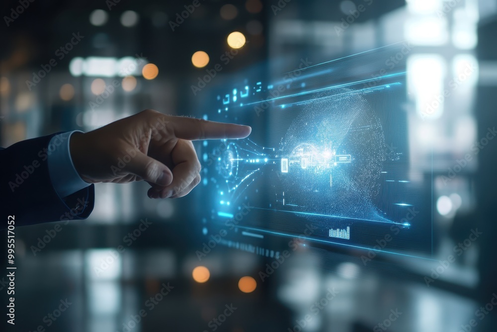 Poster a hand interacts with a digital holographic display, showcasing data visualization.