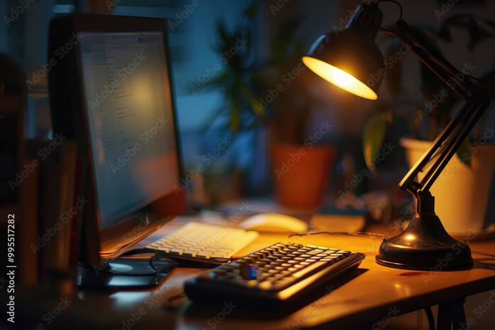 Leinwandbilder a cozy home office workspace at dusk with a warm desk lamp illuminating a computer and keyboard surr