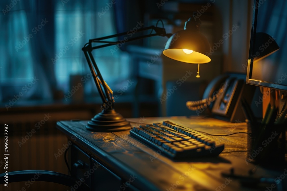 Leinwandbilder a cozy home office workspace at dusk with a warm desk lamp illuminating a computer and keyboard surr