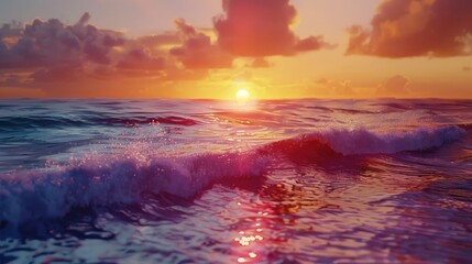Naklejka premium A breathtaking sunset over a tranquil ocean with waves gently lapping the shore.