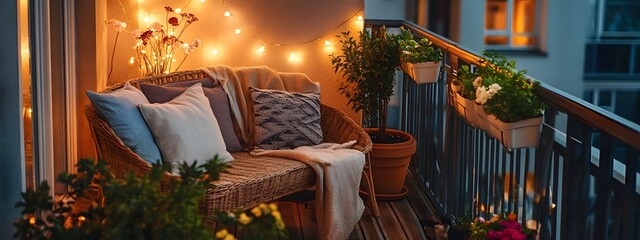A Scandinavian-style balcony adorned with cozy outdoor furniture, string lights, and potted plants creates an inviting atmosphere for relaxation in the evening