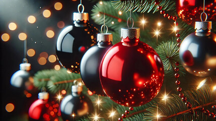 Red and black Christmas ornaments hanging on tree
