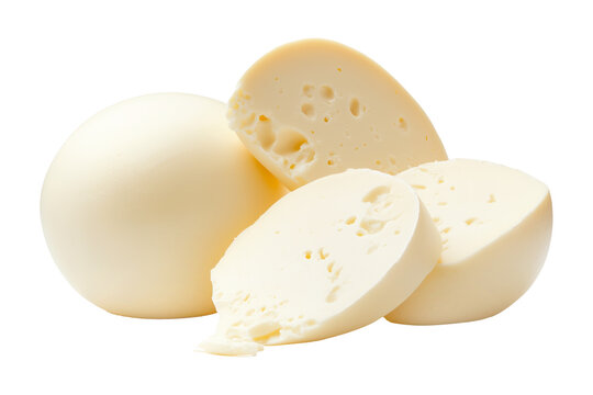 Provolone cheese rounds and slices isolated on white background. Concept of dairy products and cheese varieties.