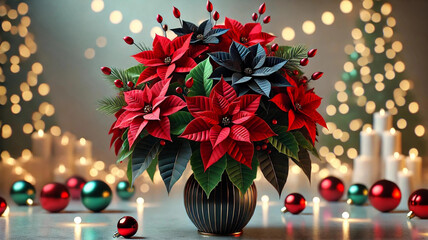 Festive poinsettia arrangement with Christmas ornaments
