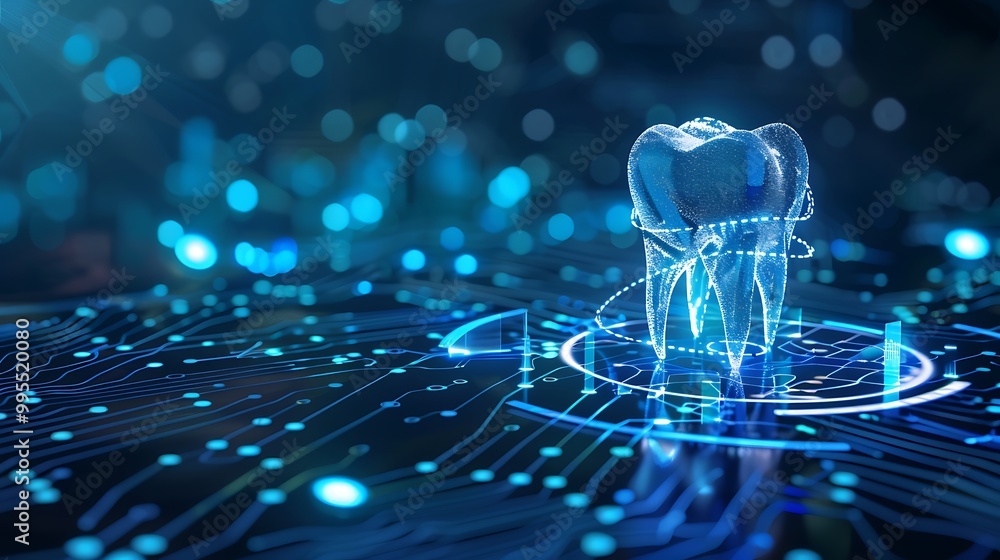 Poster 3d rendering of a tooth on a circuit board symbolizing the intersection of dentistry and technology.