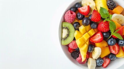 Top view of fresh fruit salad on white background