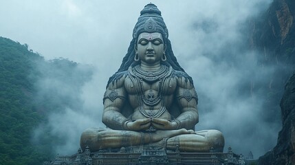 Ancient statue of a deity amidst misty mountains in early morning light