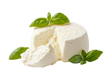 Fresh ricotta cheese with basil isolated on white background. Concept of dairy products and healthy eating.