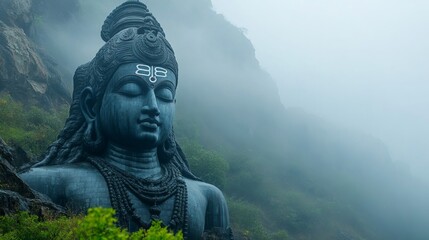 Majestic statue of Lord Shiva surrounded by mist in a serene mountain setting