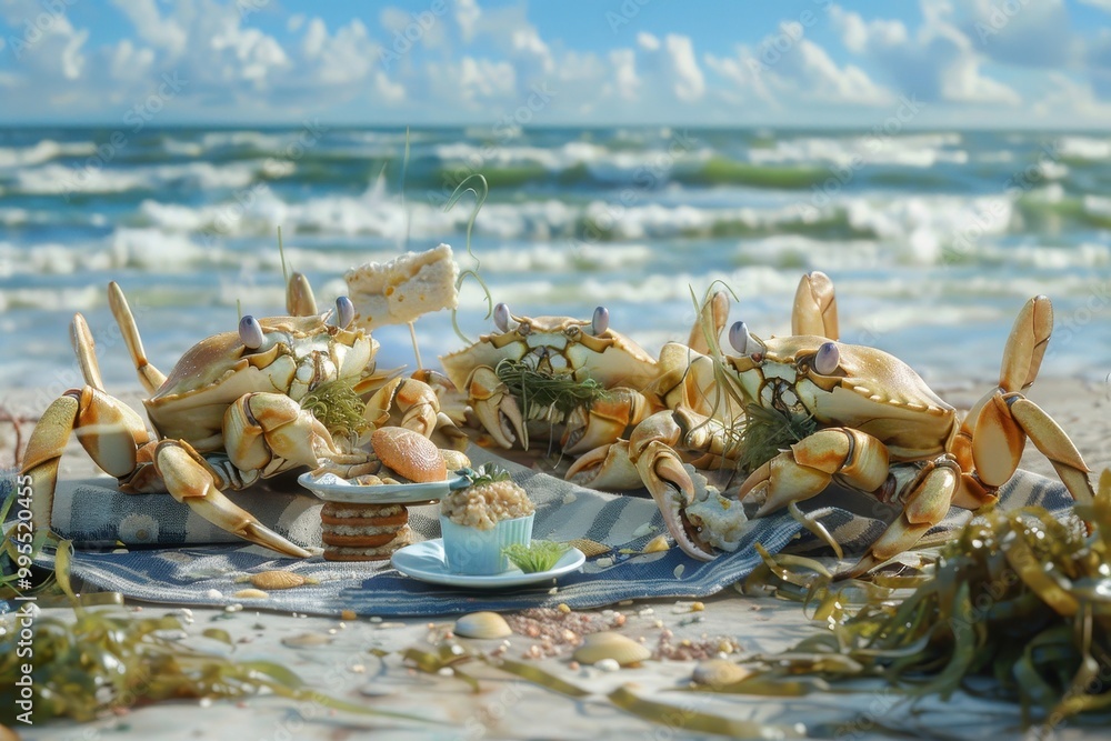 Poster crabs enjoying a beach picnic on a sandy shore with ocean waves in the background during a sunny day