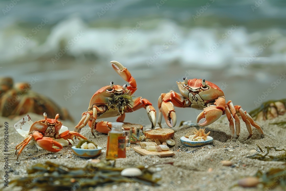 Poster crabs enjoying a beach picnic on a sandy shore with ocean waves in the background during a sunny day