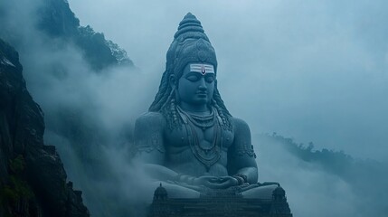 Fototapeta premium Imposing statue of a deity amidst fog-covered hills at dawn