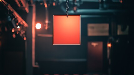 Naklejka premium Empty theater stage with a single red square suspended in dim lighting