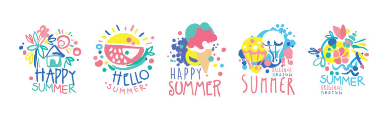 Happy Summer Logo Original Design with Bright Element Vector Set