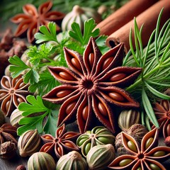Star Anise  Cinnamon Stick  and Parsley Macro Photography