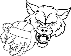 A wolf or werewolf dog volleyball animal sports mascot holding a volley ball in his claw